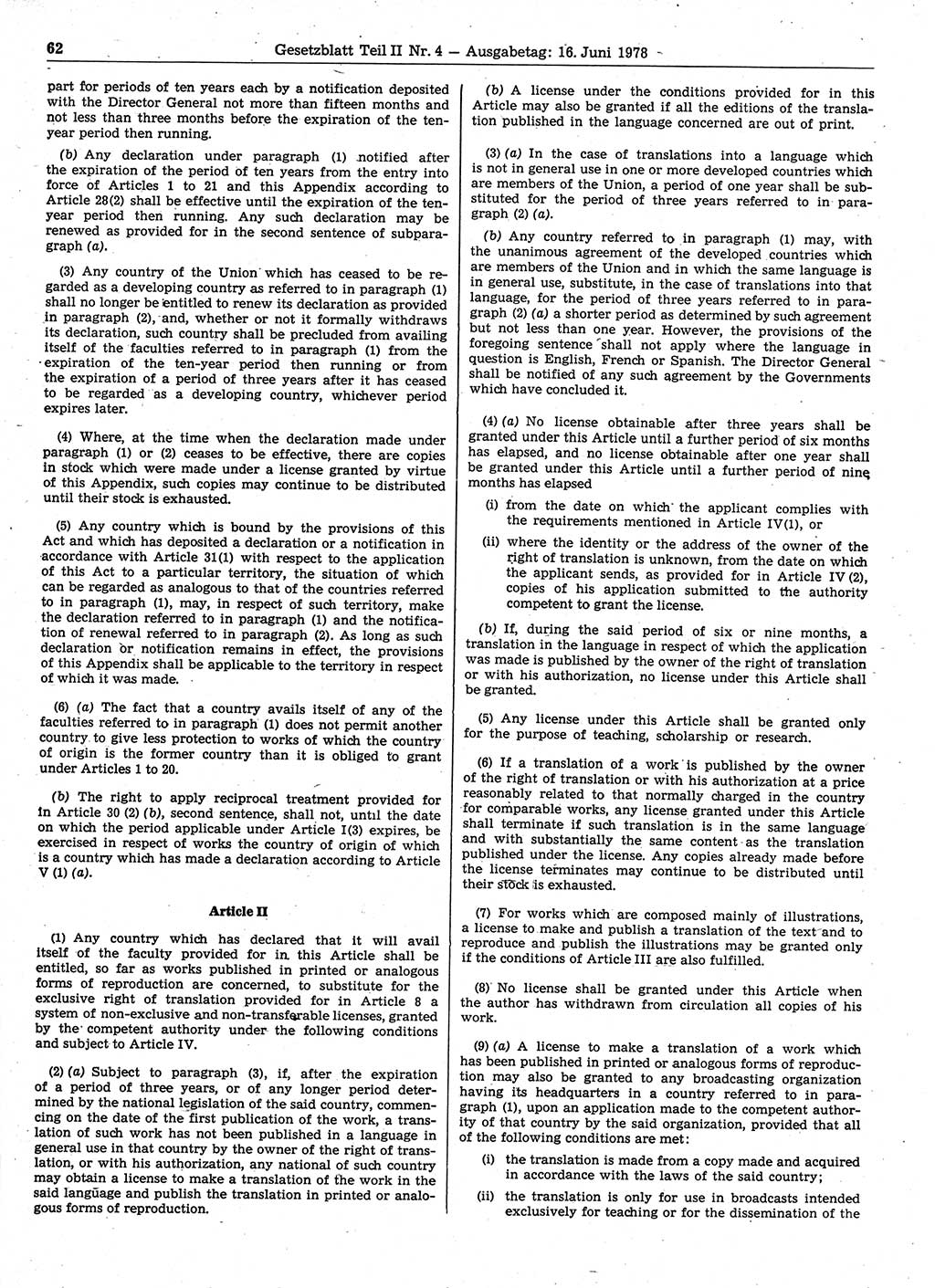 Gesetzblatt (GBl.) der Deutschen Demokratischen Republik (DDR) Teil ⅠⅠ 1978, Seite 62 (GBl. DDR ⅠⅠ 1978, S. 62)