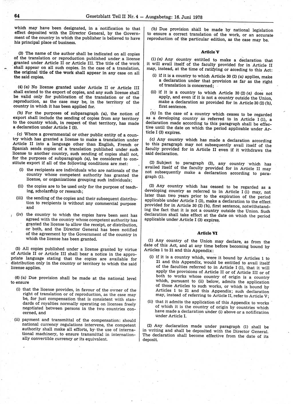 Gesetzblatt (GBl.) der Deutschen Demokratischen Republik (DDR) Teil ⅠⅠ 1978, Seite 64 (GBl. DDR ⅠⅠ 1978, S. 64)