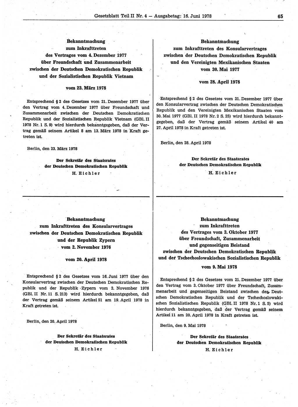Gesetzblatt (GBl.) der Deutschen Demokratischen Republik (DDR) Teil ⅠⅠ 1978, Seite 65 (GBl. DDR ⅠⅠ 1978, S. 65)