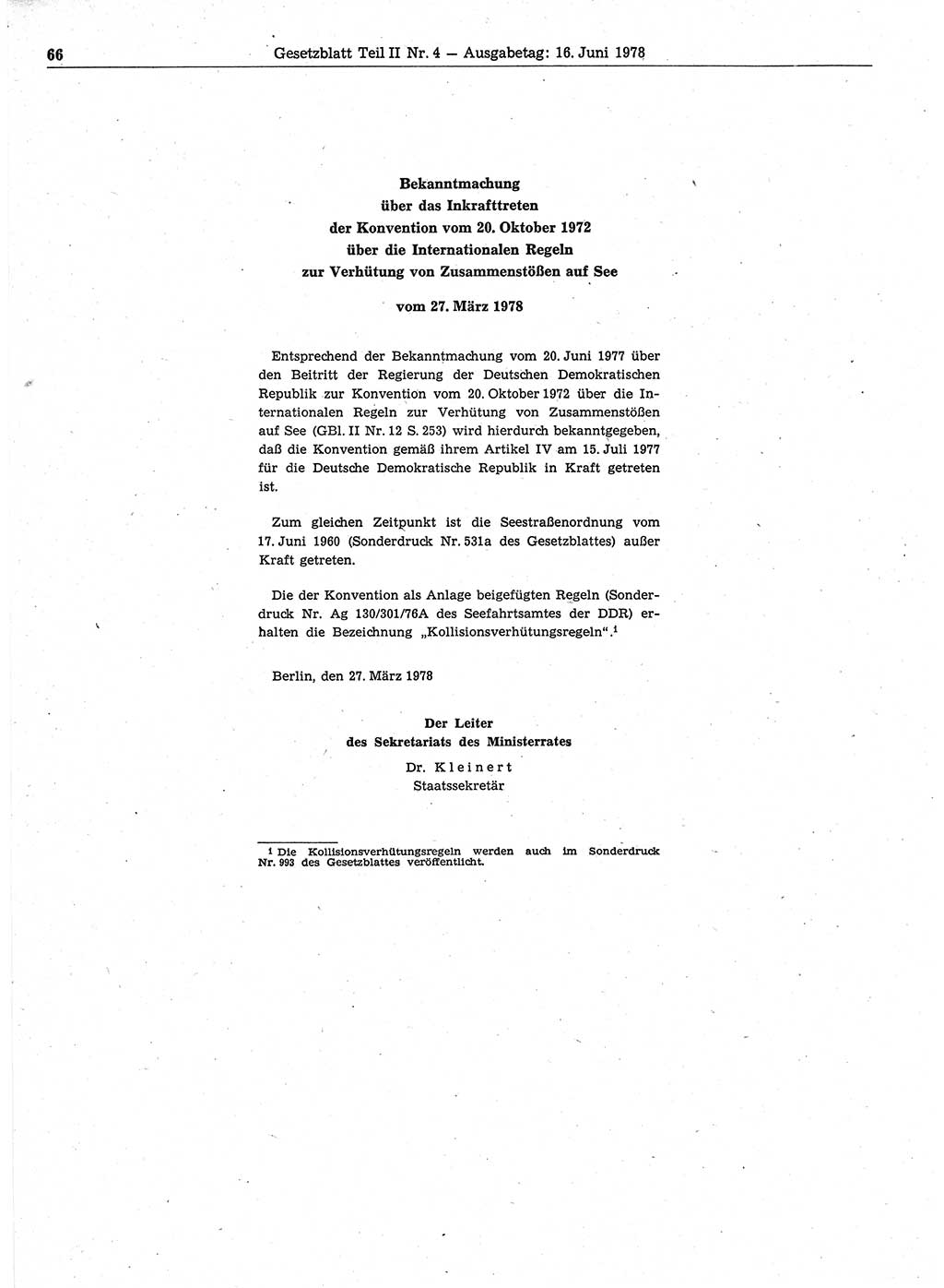 Gesetzblatt (GBl.) der Deutschen Demokratischen Republik (DDR) Teil ⅠⅠ 1978, Seite 66 (GBl. DDR ⅠⅠ 1978, S. 66)