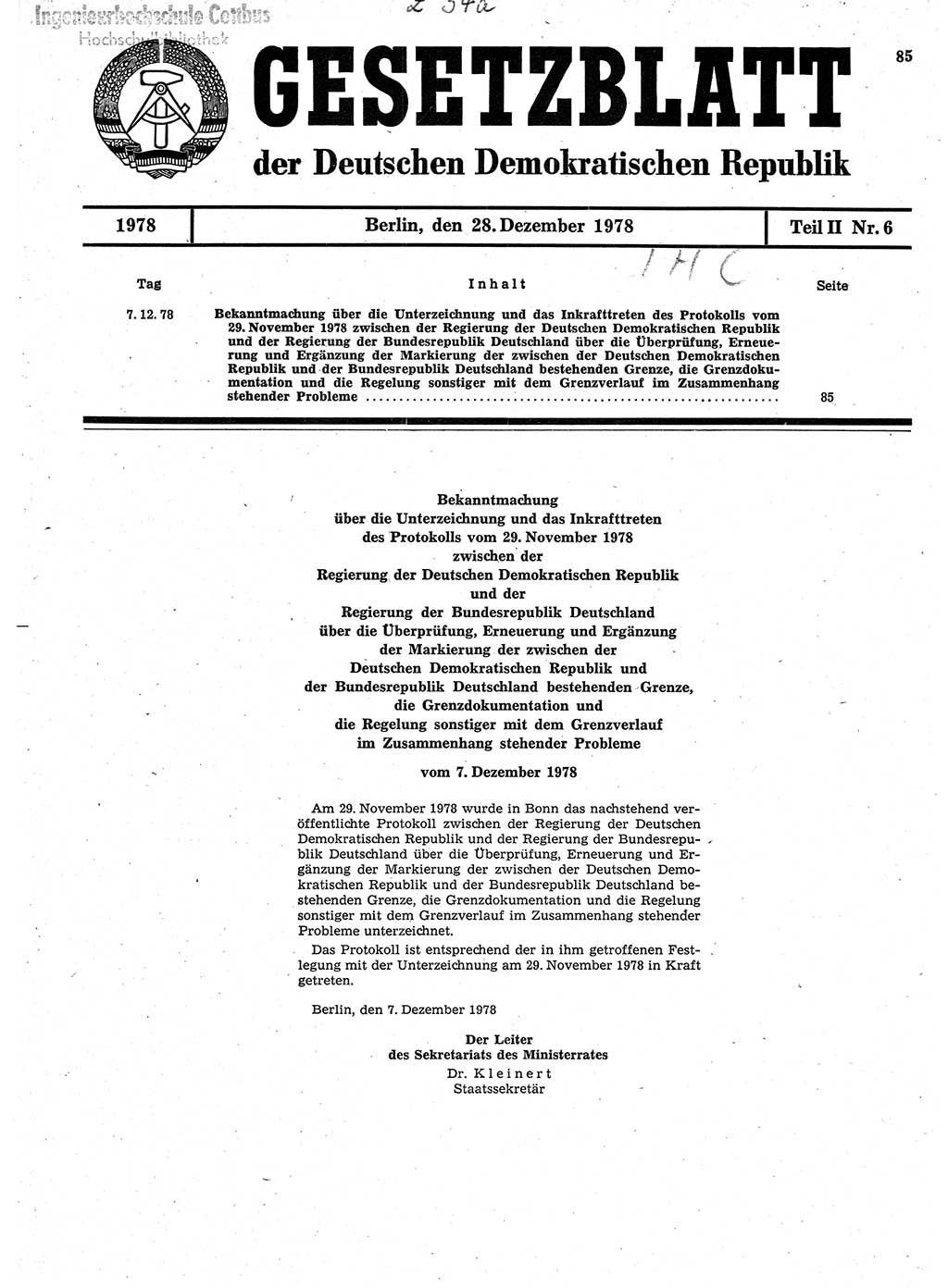 Gesetzblatt (GBl.) der Deutschen Demokratischen Republik (DDR) Teil ⅠⅠ 1978, Seite 85 (GBl. DDR ⅠⅠ 1978, S. 85)