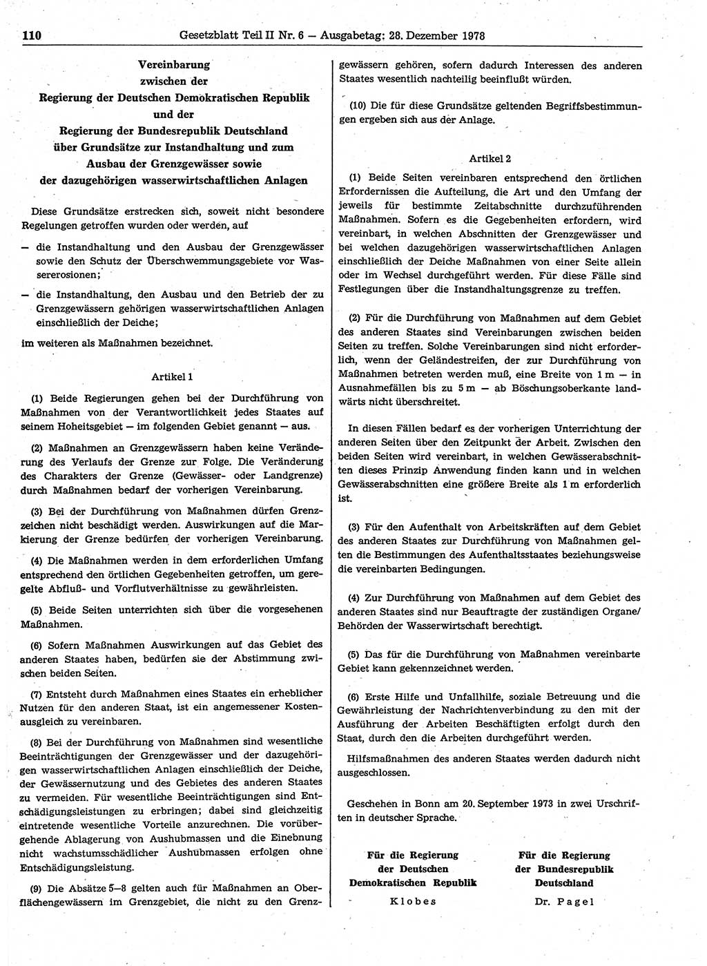 Gesetzblatt (GBl.) der Deutschen Demokratischen Republik (DDR) Teil ⅠⅠ 1978, Seite 110 (GBl. DDR ⅠⅠ 1978, S. 110)