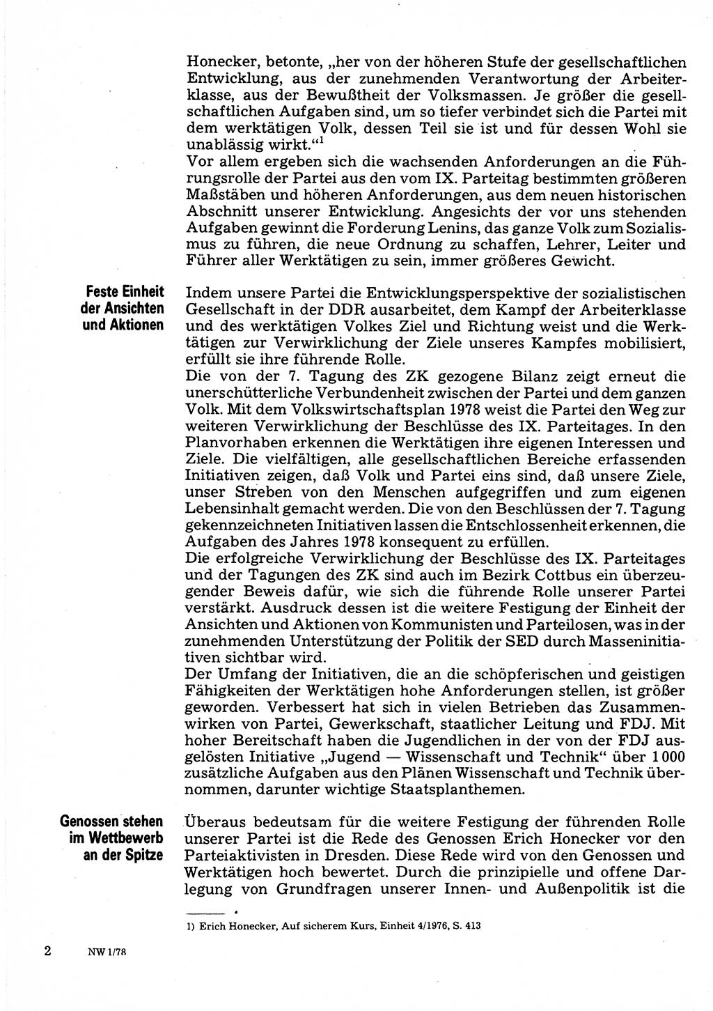 Neuer Weg (NW), Organ des Zentralkomitees (ZK) der SED (Sozialistische Einheitspartei Deutschlands) für Fragen des Parteilebens, 33. Jahrgang [Deutsche Demokratische Republik (DDR)] 1978, Seite 2 (NW ZK SED DDR 1978, S. 2)