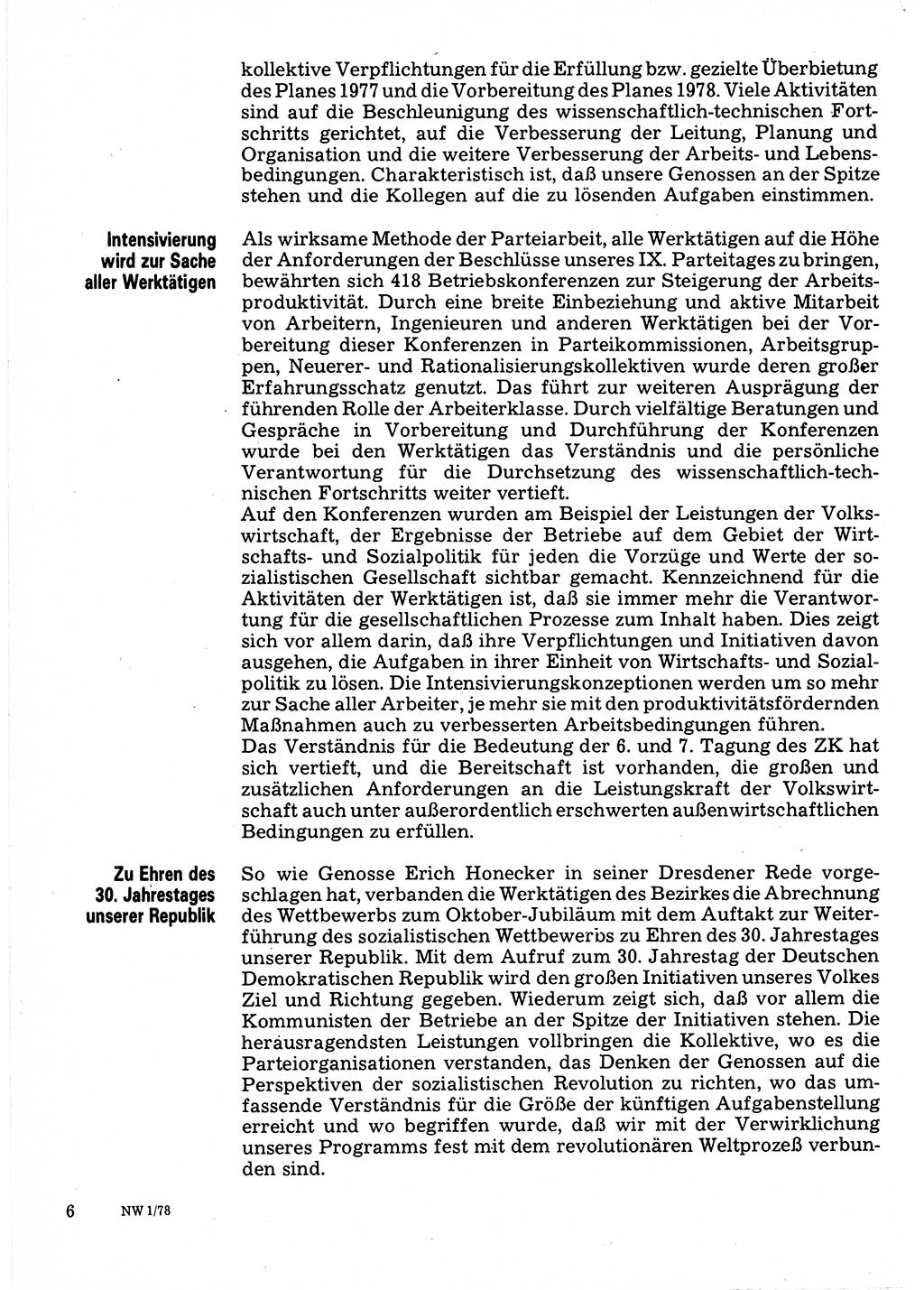 Neuer Weg (NW), Organ des Zentralkomitees (ZK) der SED (Sozialistische Einheitspartei Deutschlands) für Fragen des Parteilebens, 33. Jahrgang [Deutsche Demokratische Republik (DDR)] 1978, Seite 6 (NW ZK SED DDR 1978, S. 6)