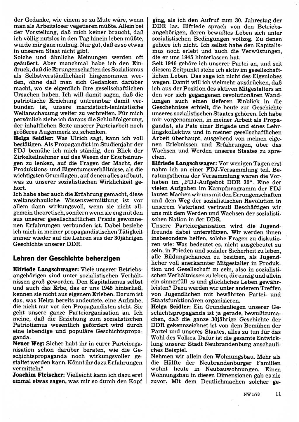 Neuer Weg (NW), Organ des Zentralkomitees (ZK) der SED (Sozialistische Einheitspartei Deutschlands) für Fragen des Parteilebens, 33. Jahrgang [Deutsche Demokratische Republik (DDR)] 1978, Seite 11 (NW ZK SED DDR 1978, S. 11)
