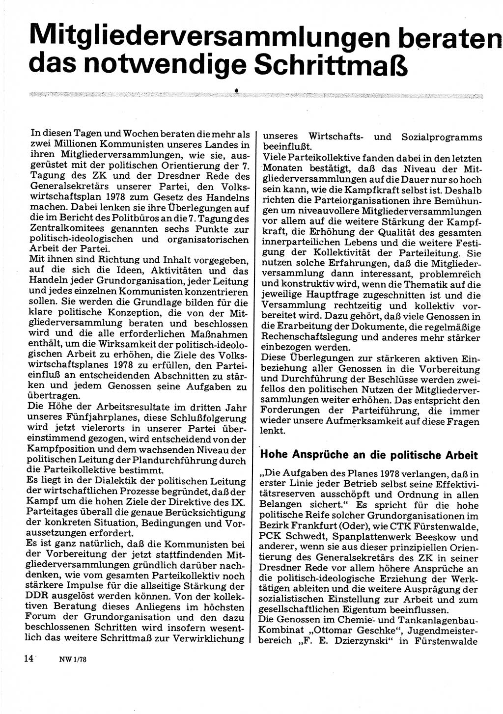 Neuer Weg (NW), Organ des Zentralkomitees (ZK) der SED (Sozialistische Einheitspartei Deutschlands) für Fragen des Parteilebens, 33. Jahrgang [Deutsche Demokratische Republik (DDR)] 1978, Seite 14 (NW ZK SED DDR 1978, S. 14)