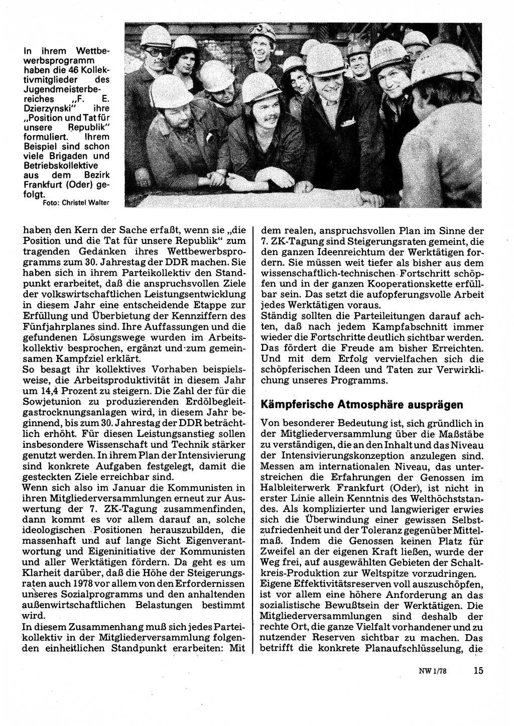Neuer Weg (NW), Organ des Zentralkomitees (ZK) der SED (Sozialistische Einheitspartei Deutschlands) fÃ¼r Fragen des Parteilebens, 33. Jahrgang [Deutsche Demokratische Republik (DDR)] 1978, Seite 15 (NW ZK SED DDR 1978, S. 15)