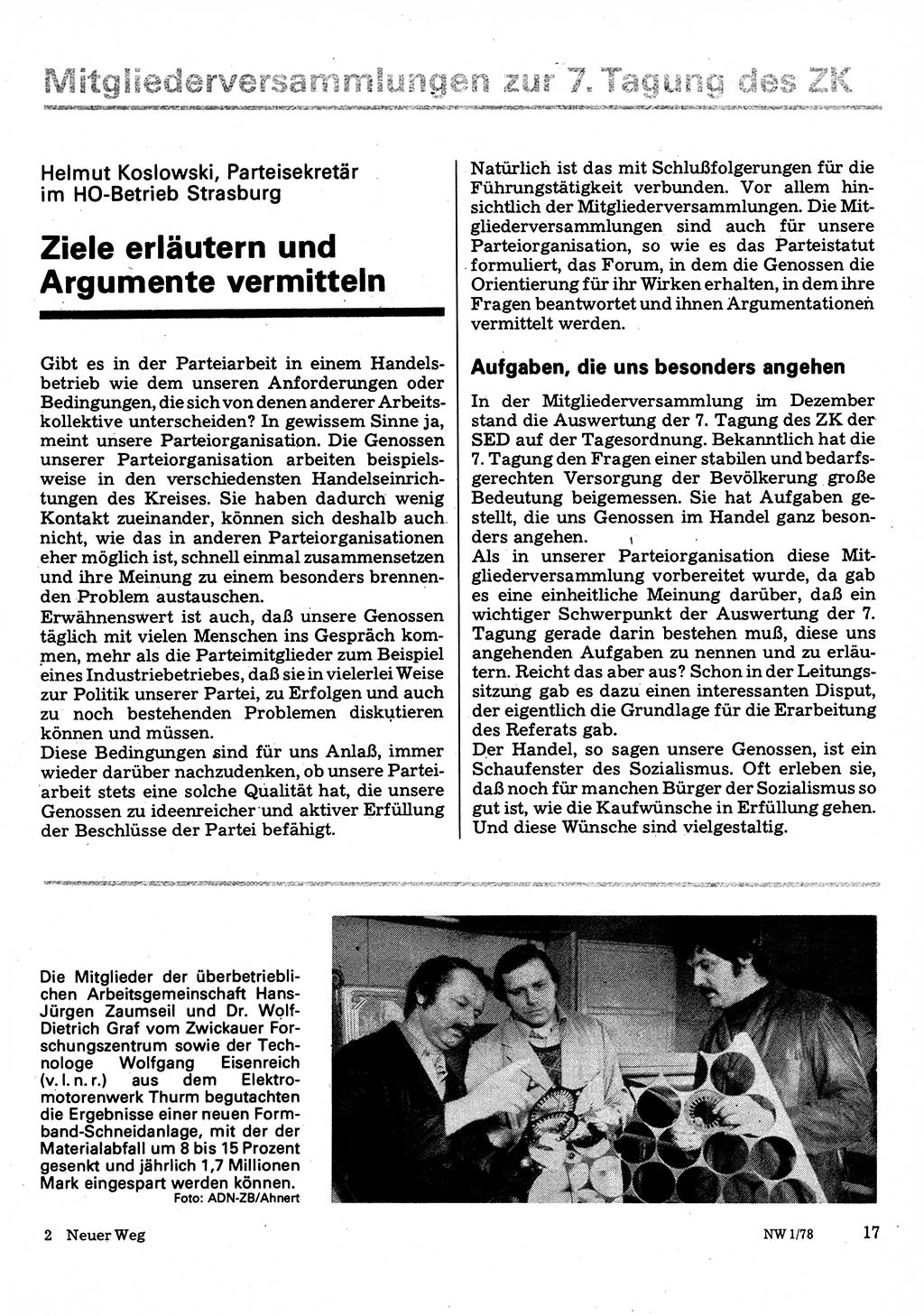 Neuer Weg (NW), Organ des Zentralkomitees (ZK) der SED (Sozialistische Einheitspartei Deutschlands) für Fragen des Parteilebens, 33. Jahrgang [Deutsche Demokratische Republik (DDR)] 1978, Seite 17 (NW ZK SED DDR 1978, S. 17)