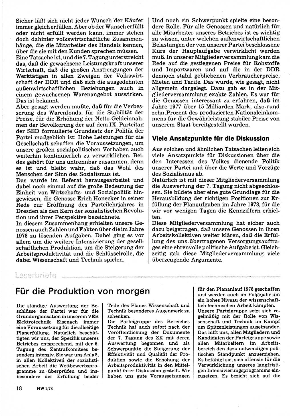 Neuer Weg (NW), Organ des Zentralkomitees (ZK) der SED (Sozialistische Einheitspartei Deutschlands) für Fragen des Parteilebens, 33. Jahrgang [Deutsche Demokratische Republik (DDR)] 1978, Seite 18 (NW ZK SED DDR 1978, S. 18)