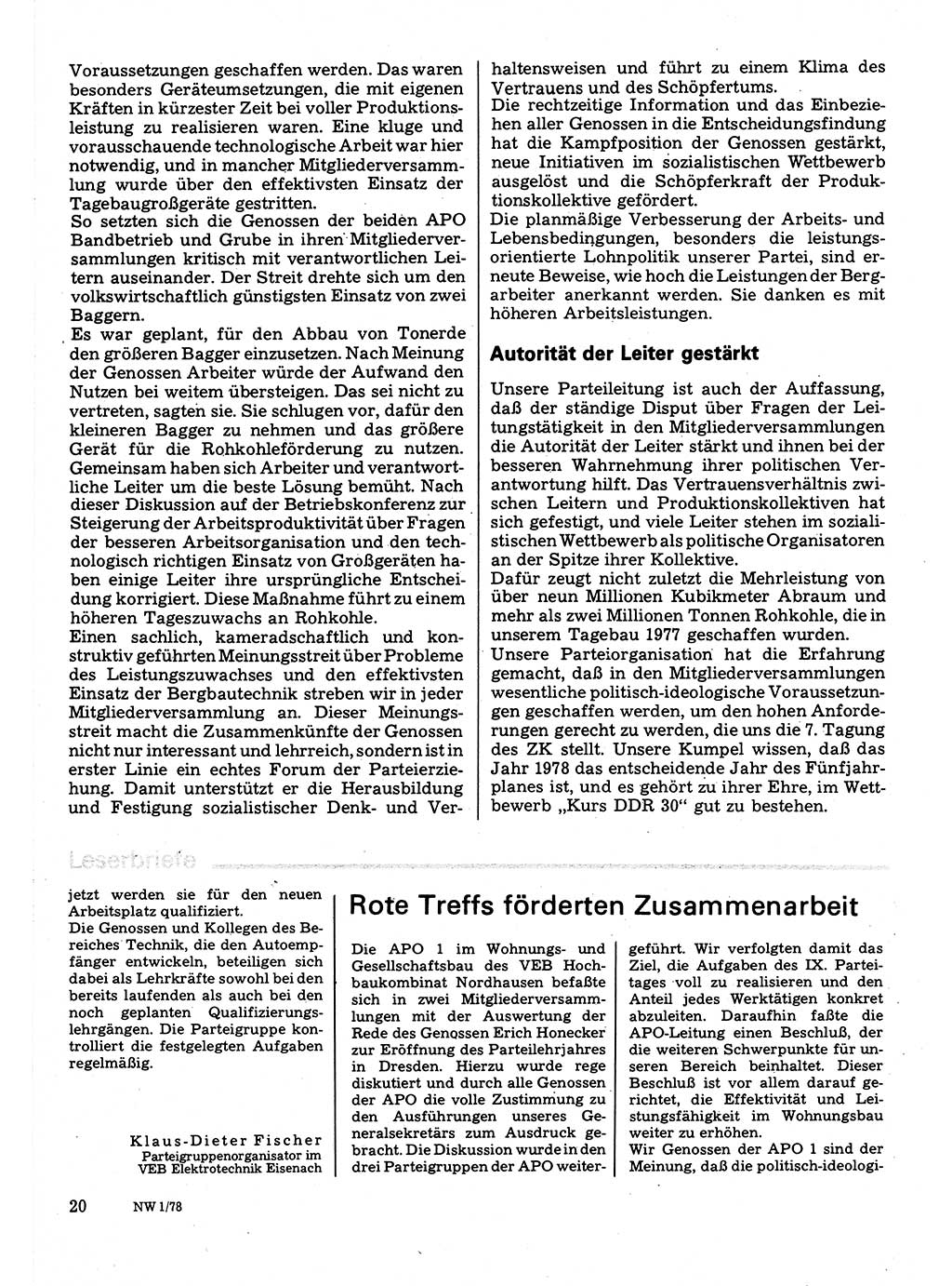 Neuer Weg (NW), Organ des Zentralkomitees (ZK) der SED (Sozialistische Einheitspartei Deutschlands) für Fragen des Parteilebens, 33. Jahrgang [Deutsche Demokratische Republik (DDR)] 1978, Seite 20 (NW ZK SED DDR 1978, S. 20)