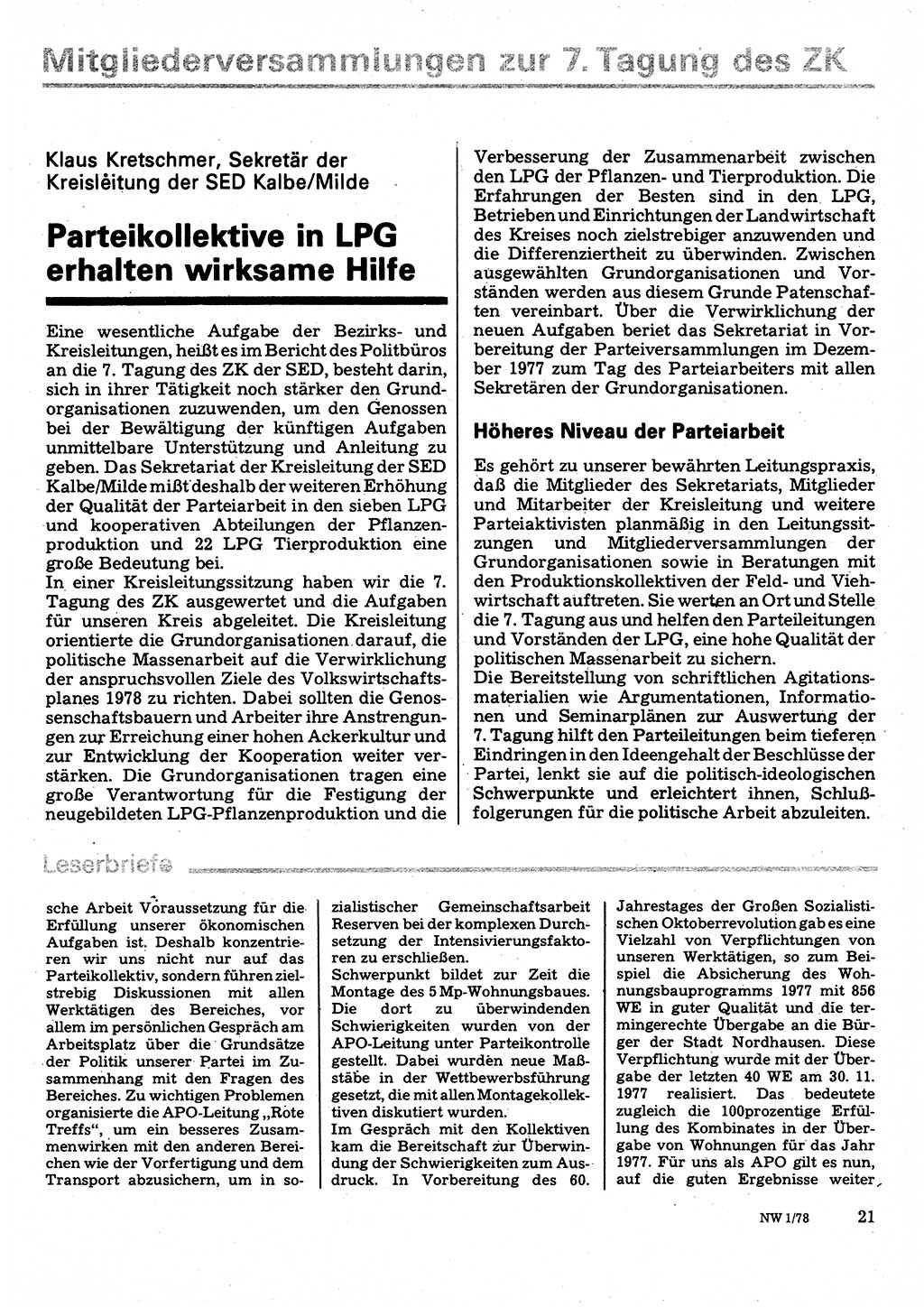 Neuer Weg (NW), Organ des Zentralkomitees (ZK) der SED (Sozialistische Einheitspartei Deutschlands) fÃ¼r Fragen des Parteilebens, 33. Jahrgang [Deutsche Demokratische Republik (DDR)] 1978, Seite 21 (NW ZK SED DDR 1978, S. 21)