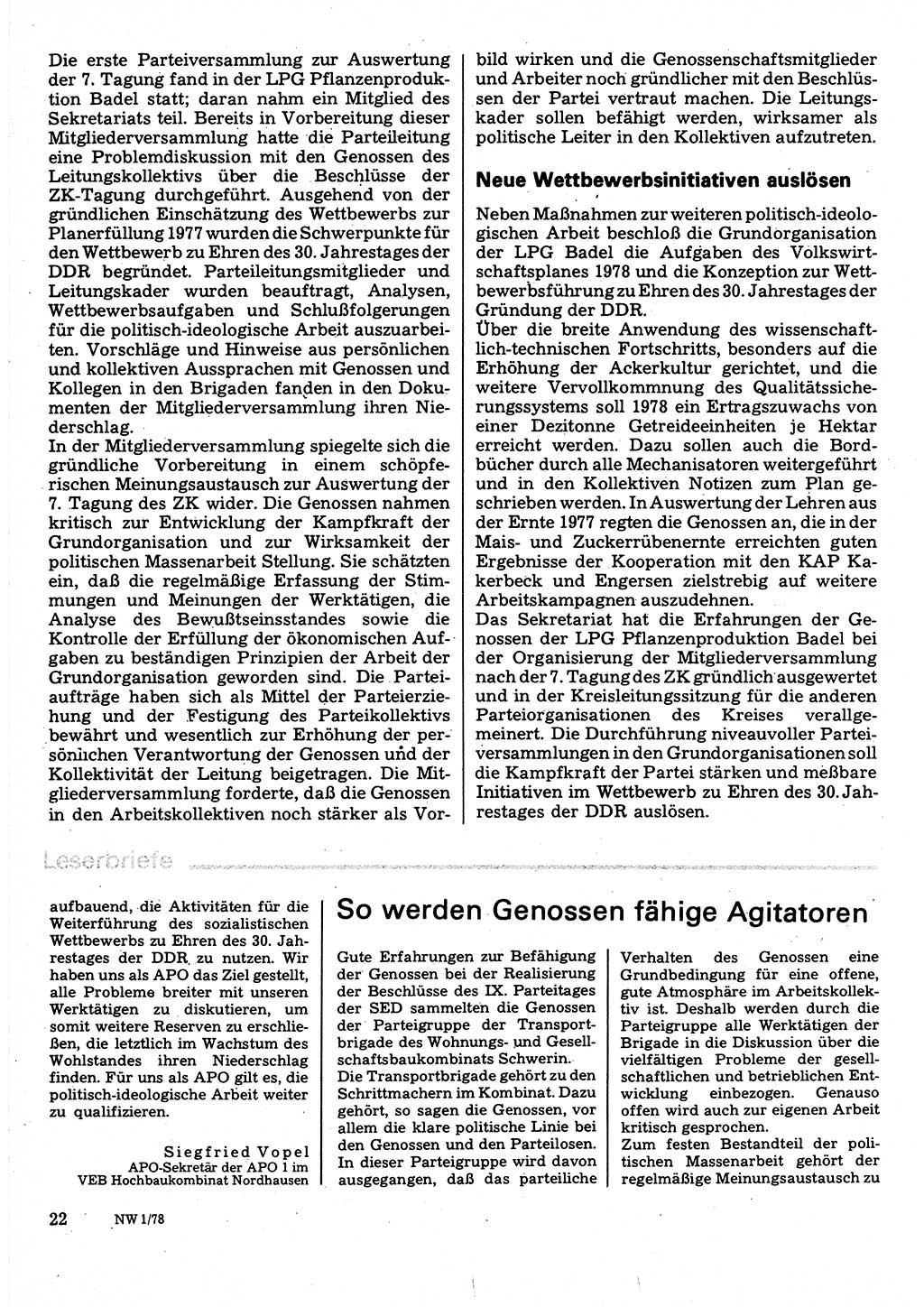 Neuer Weg (NW), Organ des Zentralkomitees (ZK) der SED (Sozialistische Einheitspartei Deutschlands) für Fragen des Parteilebens, 33. Jahrgang [Deutsche Demokratische Republik (DDR)] 1978, Seite 22 (NW ZK SED DDR 1978, S. 22)
