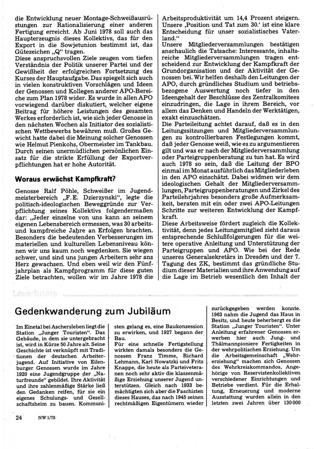 Neuer Weg (NW), Organ des Zentralkomitees (ZK) der SED (Sozialistische Einheitspartei Deutschlands) für Fragen des Parteilebens, 33. Jahrgang [Deutsche Demokratische Republik (DDR)] 1978, Seite 24 (NW ZK SED DDR 1978, S. 24)