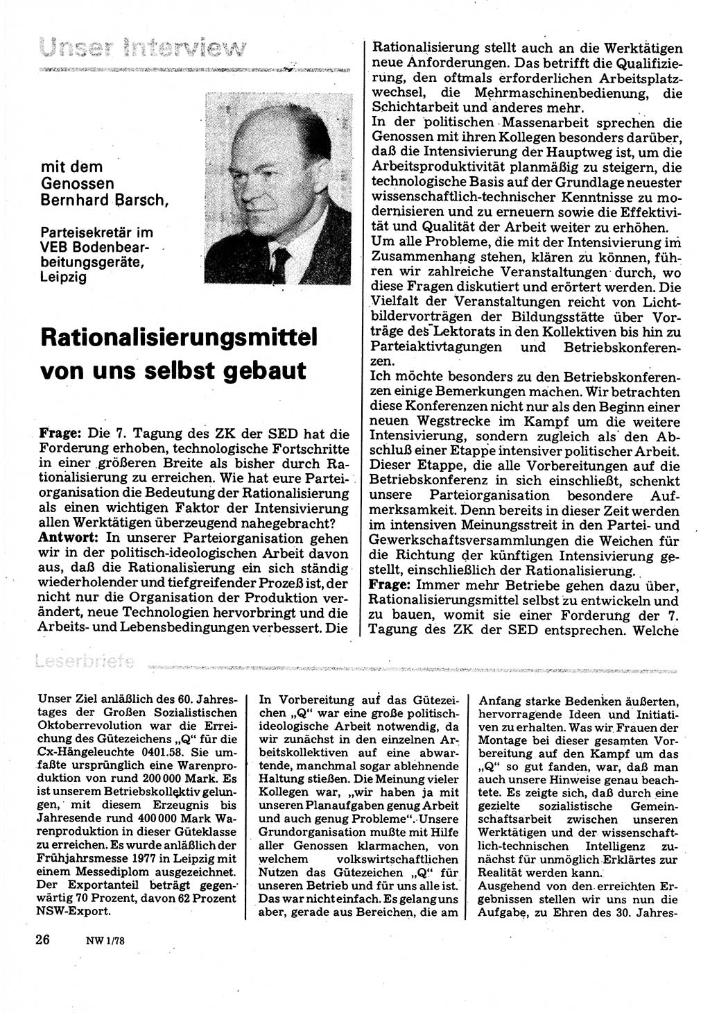 Neuer Weg (NW), Organ des Zentralkomitees (ZK) der SED (Sozialistische Einheitspartei Deutschlands) für Fragen des Parteilebens, 33. Jahrgang [Deutsche Demokratische Republik (DDR)] 1978, Seite 26 (NW ZK SED DDR 1978, S. 26)