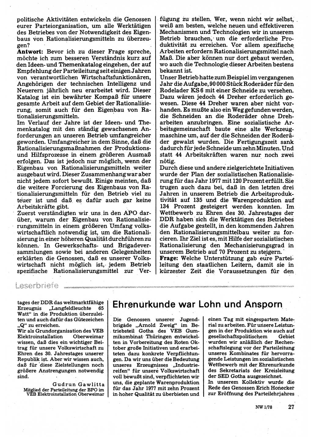 Neuer Weg (NW), Organ des Zentralkomitees (ZK) der SED (Sozialistische Einheitspartei Deutschlands) für Fragen des Parteilebens, 33. Jahrgang [Deutsche Demokratische Republik (DDR)] 1978, Seite 27 (NW ZK SED DDR 1978, S. 27)