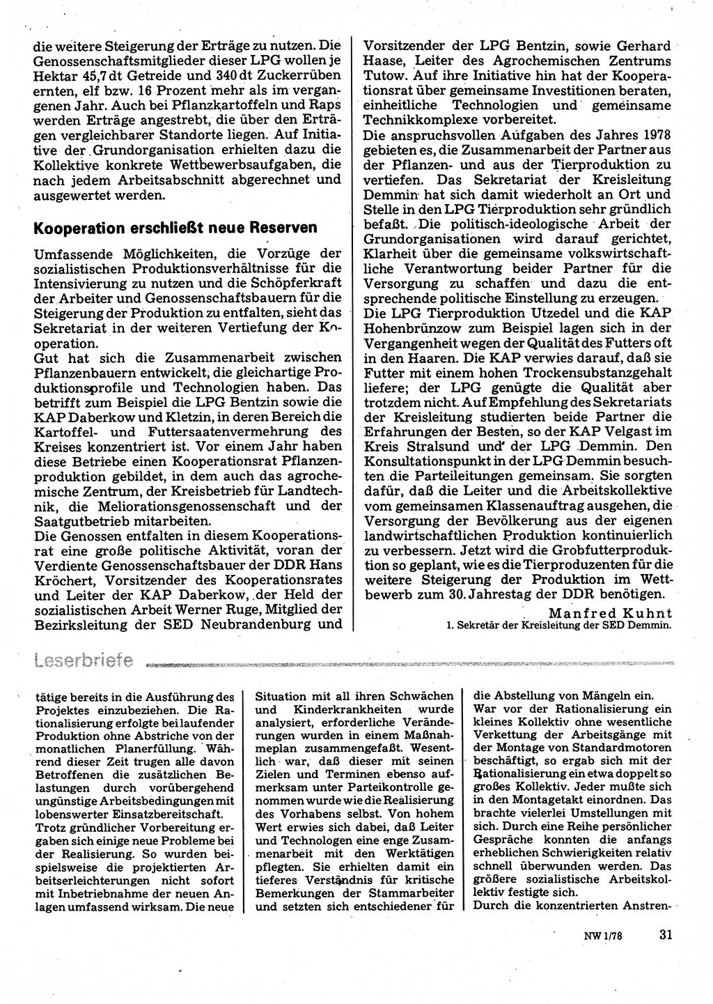 Neuer Weg (NW), Organ des Zentralkomitees (ZK) der SED (Sozialistische Einheitspartei Deutschlands) für Fragen des Parteilebens, 33. Jahrgang [Deutsche Demokratische Republik (DDR)] 1978, Seite 31 (NW ZK SED DDR 1978, S. 31)