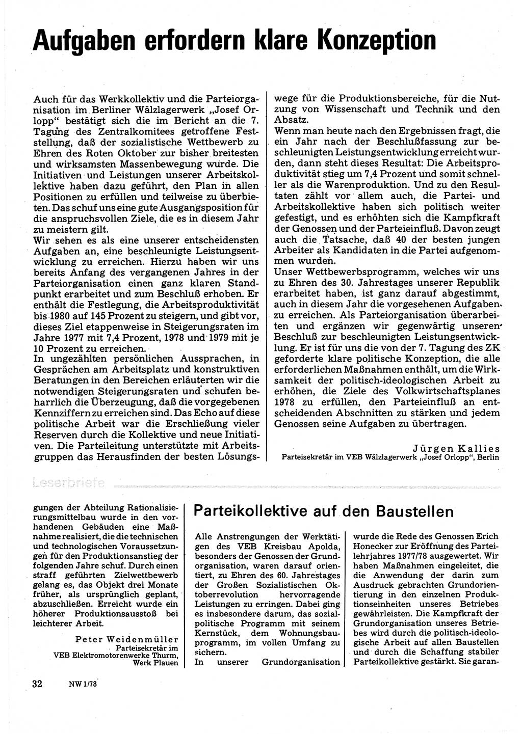 Neuer Weg (NW), Organ des Zentralkomitees (ZK) der SED (Sozialistische Einheitspartei Deutschlands) für Fragen des Parteilebens, 33. Jahrgang [Deutsche Demokratische Republik (DDR)] 1978, Seite 32 (NW ZK SED DDR 1978, S. 32)