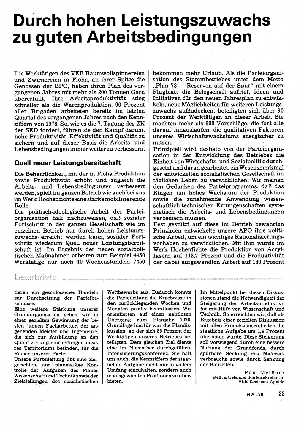 Neuer Weg (NW), Organ des Zentralkomitees (ZK) der SED (Sozialistische Einheitspartei Deutschlands) für Fragen des Parteilebens, 33. Jahrgang [Deutsche Demokratische Republik (DDR)] 1978, Seite 33 (NW ZK SED DDR 1978, S. 33)