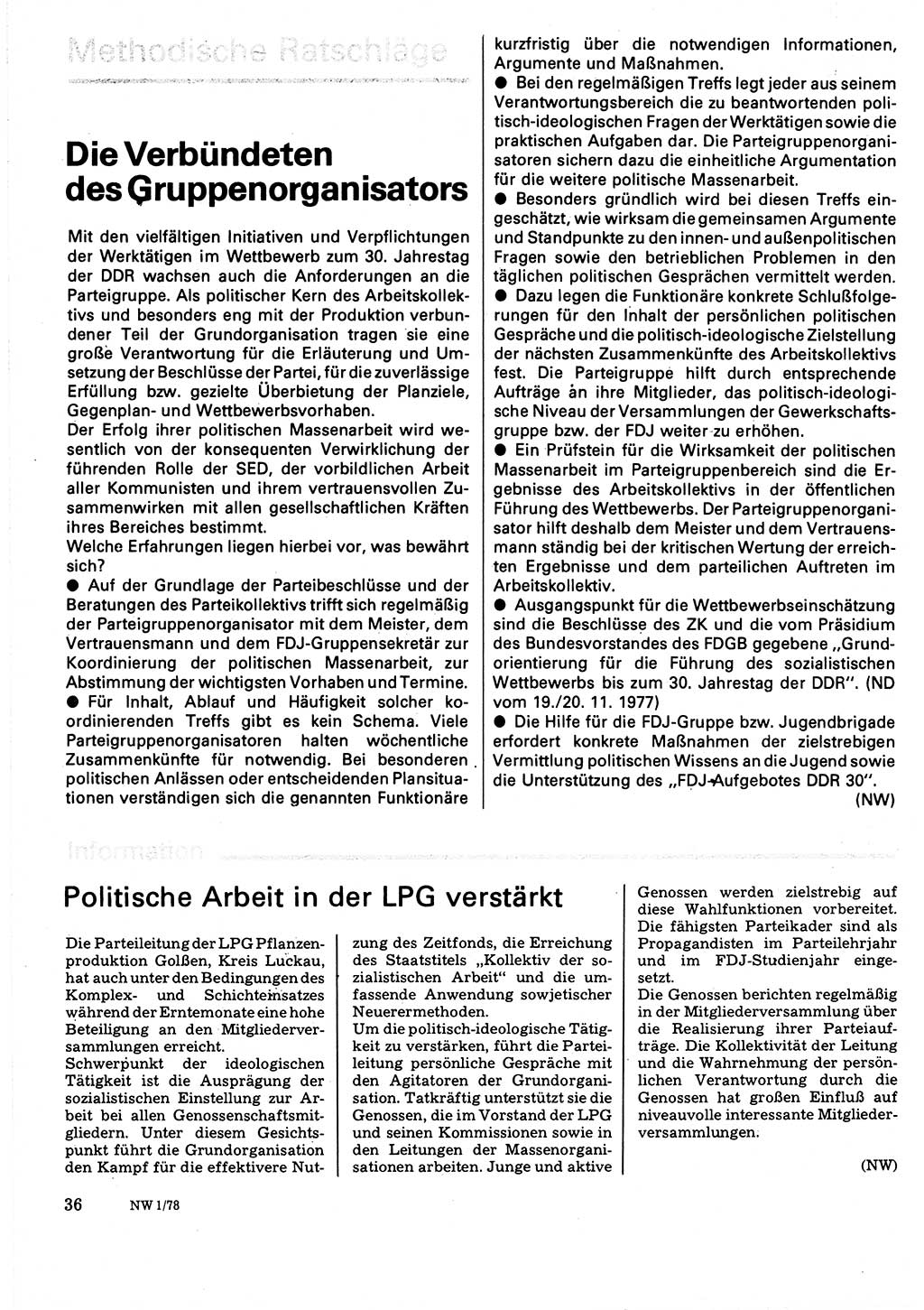 Neuer Weg (NW), Organ des Zentralkomitees (ZK) der SED (Sozialistische Einheitspartei Deutschlands) für Fragen des Parteilebens, 33. Jahrgang [Deutsche Demokratische Republik (DDR)] 1978, Seite 36 (NW ZK SED DDR 1978, S. 36)