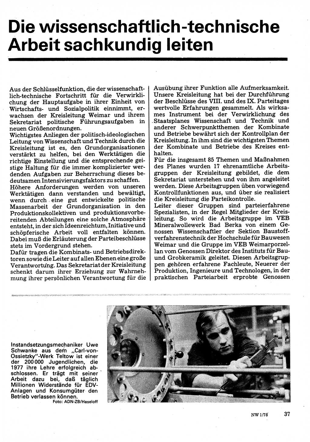 Neuer Weg (NW), Organ des Zentralkomitees (ZK) der SED (Sozialistische Einheitspartei Deutschlands) für Fragen des Parteilebens, 33. Jahrgang [Deutsche Demokratische Republik (DDR)] 1978, Seite 37 (NW ZK SED DDR 1978, S. 37)