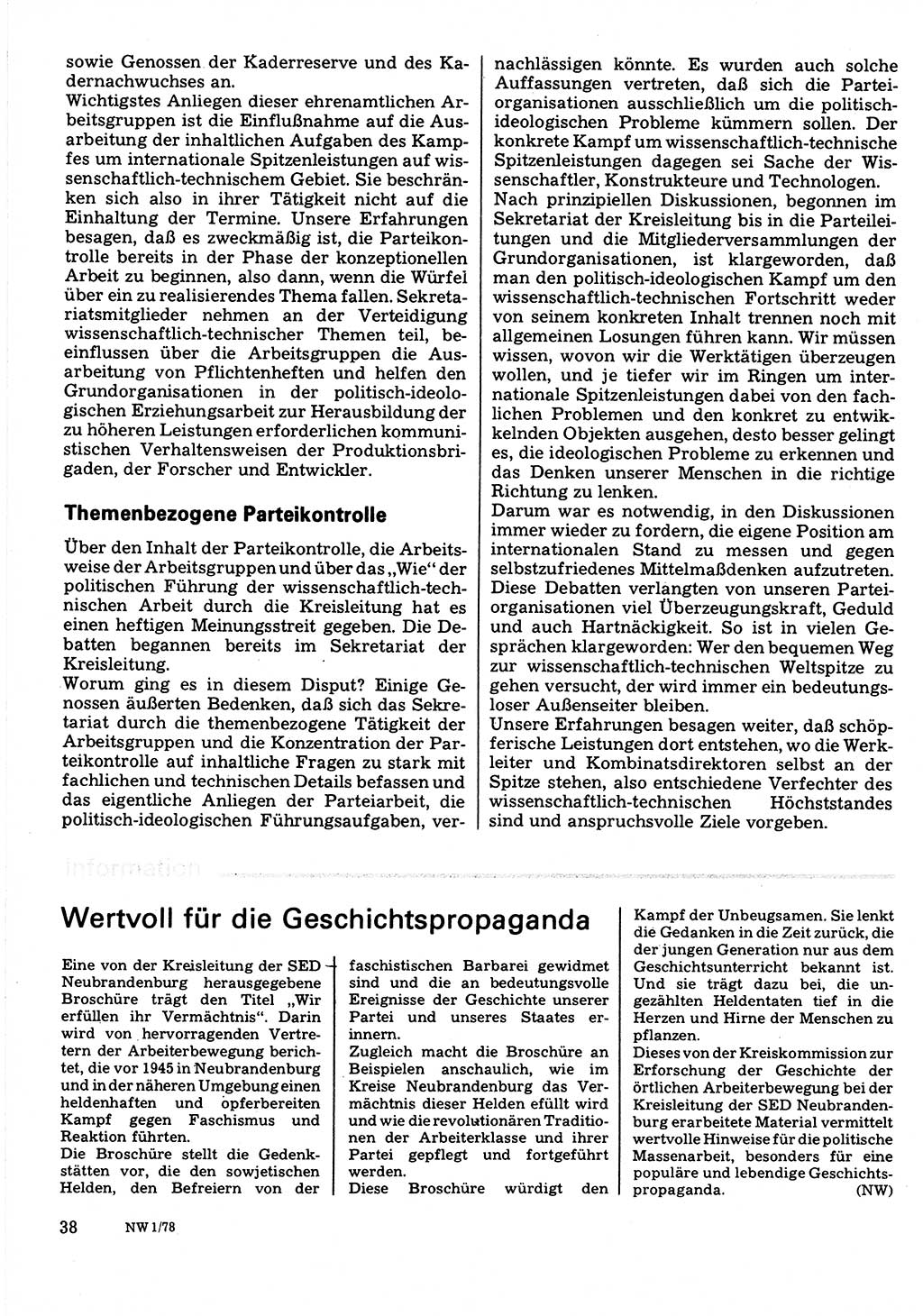 Neuer Weg (NW), Organ des Zentralkomitees (ZK) der SED (Sozialistische Einheitspartei Deutschlands) für Fragen des Parteilebens, 33. Jahrgang [Deutsche Demokratische Republik (DDR)] 1978, Seite 38 (NW ZK SED DDR 1978, S. 38)