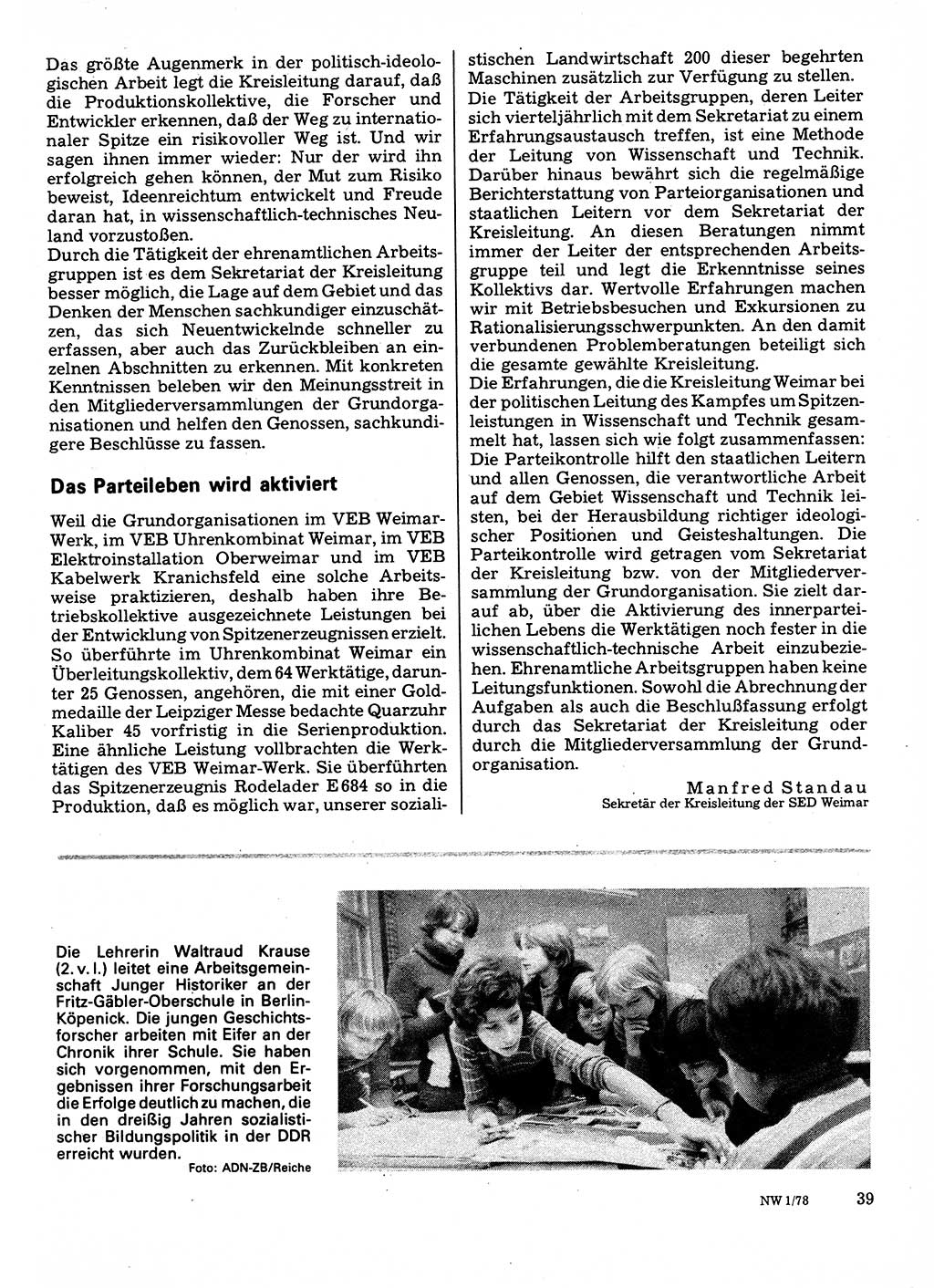 Neuer Weg (NW), Organ des Zentralkomitees (ZK) der SED (Sozialistische Einheitspartei Deutschlands) für Fragen des Parteilebens, 33. Jahrgang [Deutsche Demokratische Republik (DDR)] 1978, Seite 39 (NW ZK SED DDR 1978, S. 39)