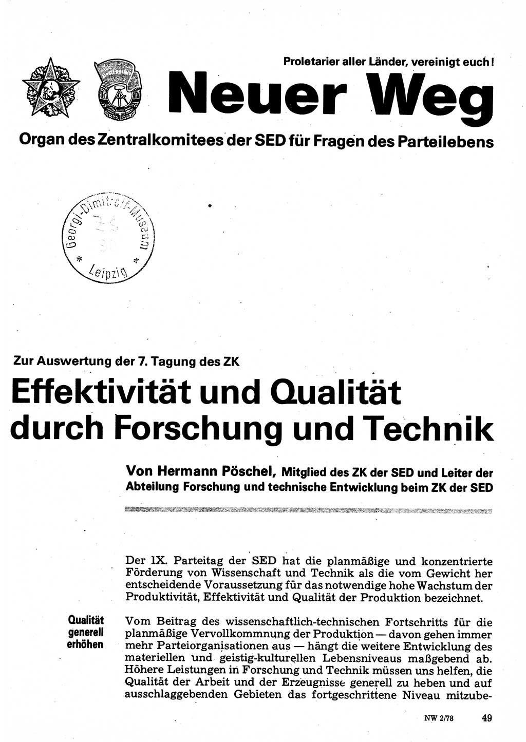 Neuer Weg (NW), Organ des Zentralkomitees (ZK) der SED (Sozialistische Einheitspartei Deutschlands) für Fragen des Parteilebens, 33. Jahrgang [Deutsche Demokratische Republik (DDR)] 1978, Seite 49 (NW ZK SED DDR 1978, S. 49)