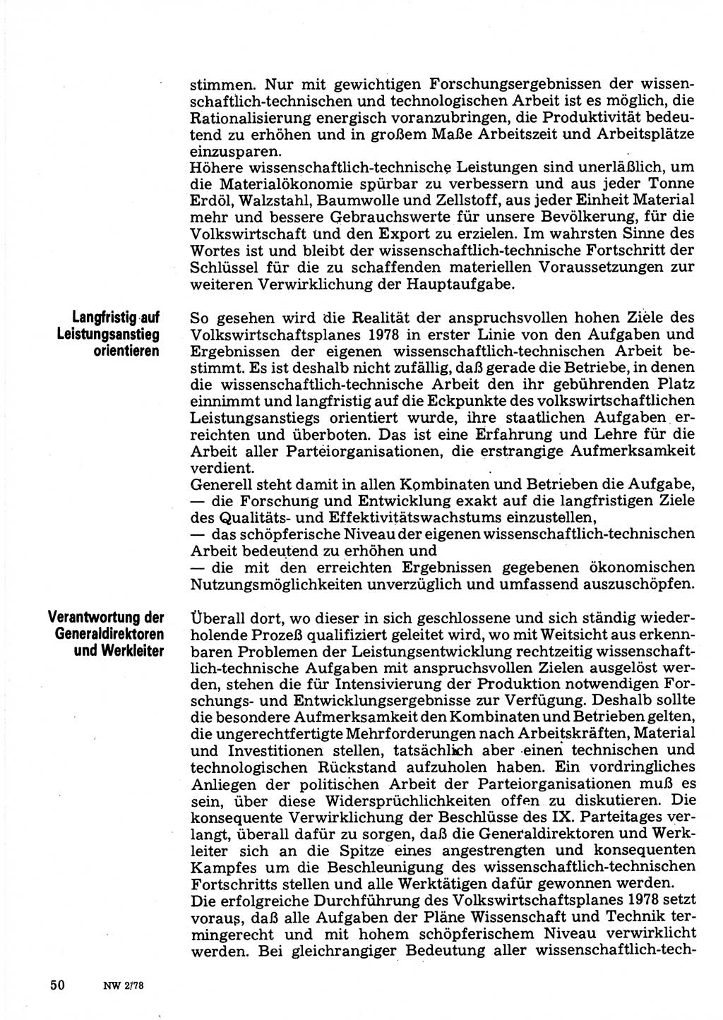 Neuer Weg (NW), Organ des Zentralkomitees (ZK) der SED (Sozialistische Einheitspartei Deutschlands) für Fragen des Parteilebens, 33. Jahrgang [Deutsche Demokratische Republik (DDR)] 1978, Seite 50 (NW ZK SED DDR 1978, S. 50)
