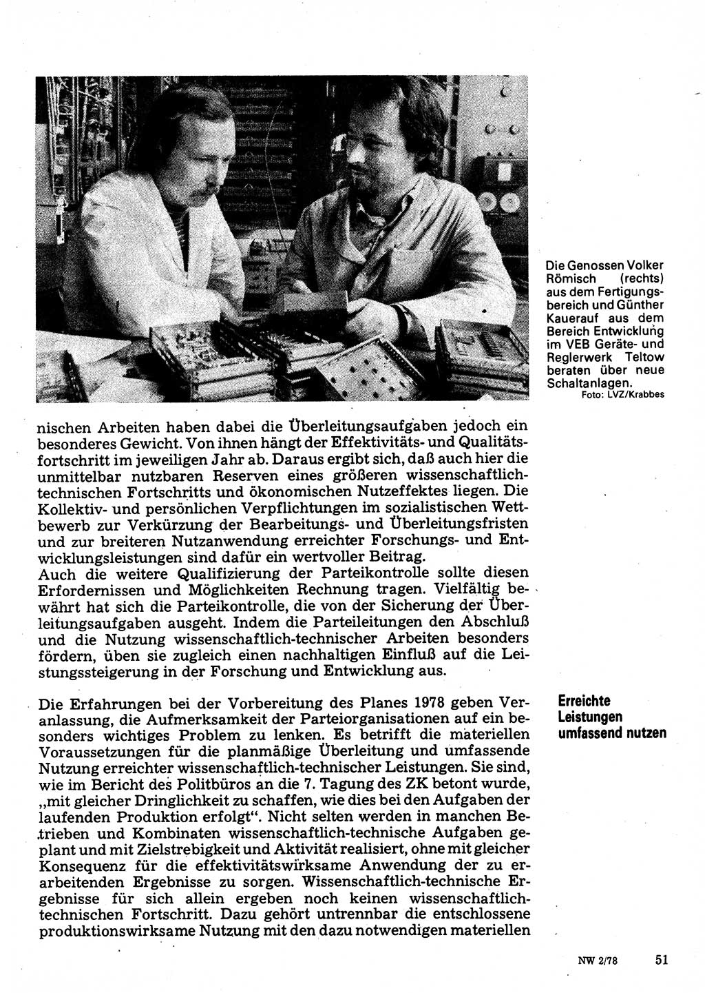 Neuer Weg (NW), Organ des Zentralkomitees (ZK) der SED (Sozialistische Einheitspartei Deutschlands) für Fragen des Parteilebens, 33. Jahrgang [Deutsche Demokratische Republik (DDR)] 1978, Seite 51 (NW ZK SED DDR 1978, S. 51)