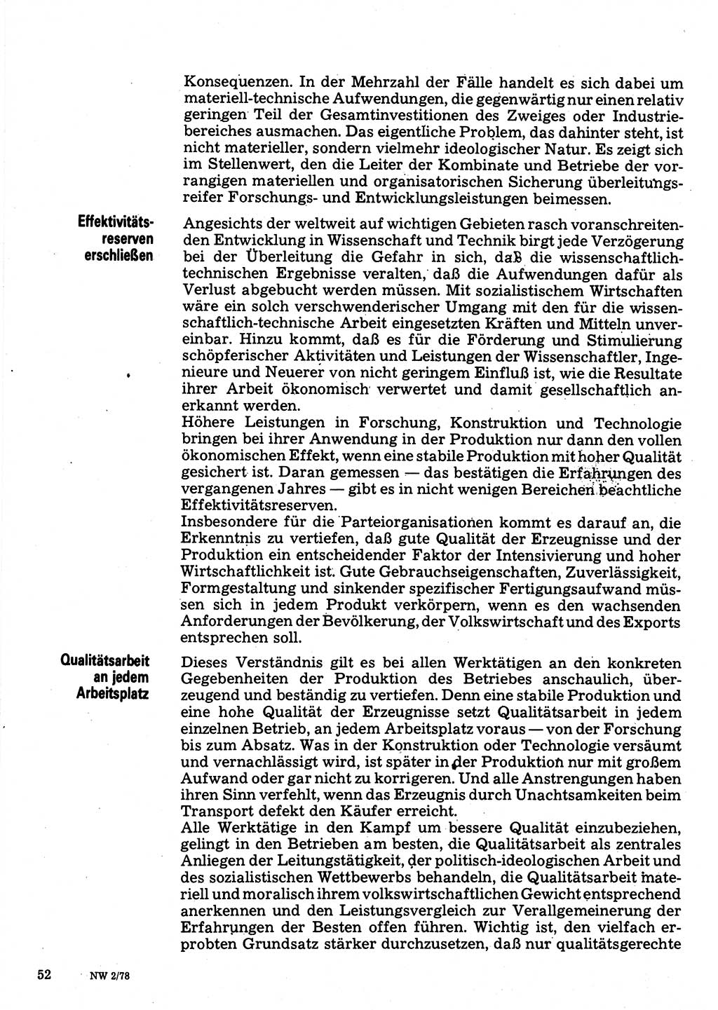 Neuer Weg (NW), Organ des Zentralkomitees (ZK) der SED (Sozialistische Einheitspartei Deutschlands) für Fragen des Parteilebens, 33. Jahrgang [Deutsche Demokratische Republik (DDR)] 1978, Seite 52 (NW ZK SED DDR 1978, S. 52)