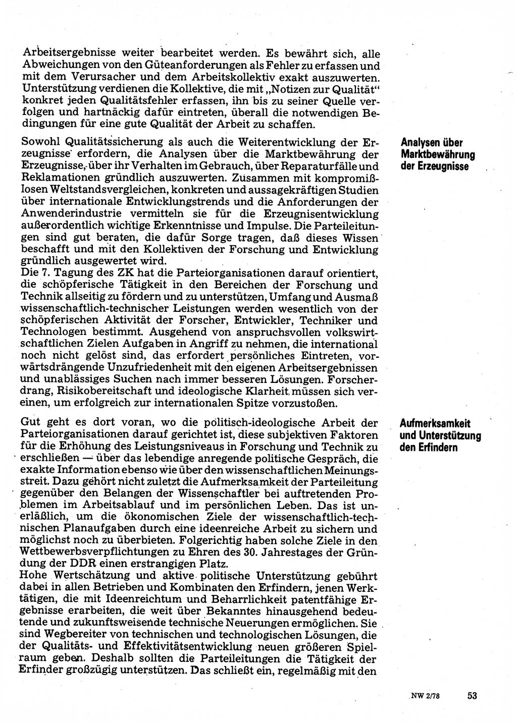 Neuer Weg (NW), Organ des Zentralkomitees (ZK) der SED (Sozialistische Einheitspartei Deutschlands) für Fragen des Parteilebens, 33. Jahrgang [Deutsche Demokratische Republik (DDR)] 1978, Seite 53 (NW ZK SED DDR 1978, S. 53)