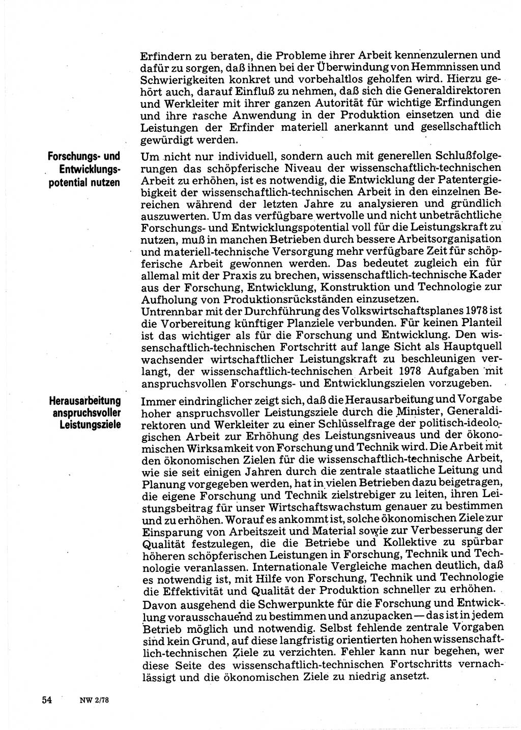 Neuer Weg (NW), Organ des Zentralkomitees (ZK) der SED (Sozialistische Einheitspartei Deutschlands) für Fragen des Parteilebens, 33. Jahrgang [Deutsche Demokratische Republik (DDR)] 1978, Seite 54 (NW ZK SED DDR 1978, S. 54)