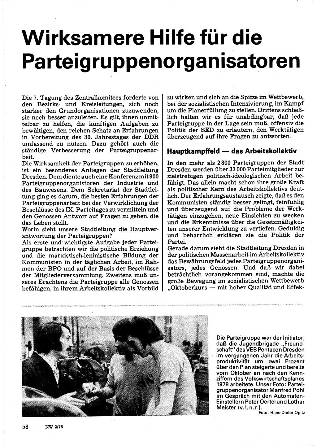 Neuer Weg (NW), Organ des Zentralkomitees (ZK) der SED (Sozialistische Einheitspartei Deutschlands) für Fragen des Parteilebens, 33. Jahrgang [Deutsche Demokratische Republik (DDR)] 1978, Seite 58 (NW ZK SED DDR 1978, S. 58)