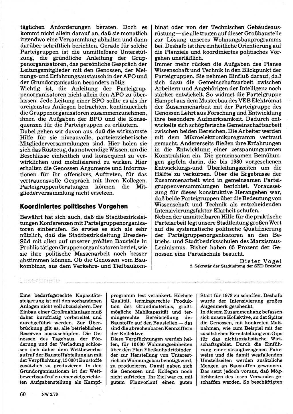 Neuer Weg (NW), Organ des Zentralkomitees (ZK) der SED (Sozialistische Einheitspartei Deutschlands) für Fragen des Parteilebens, 33. Jahrgang [Deutsche Demokratische Republik (DDR)] 1978, Seite 60 (NW ZK SED DDR 1978, S. 60)