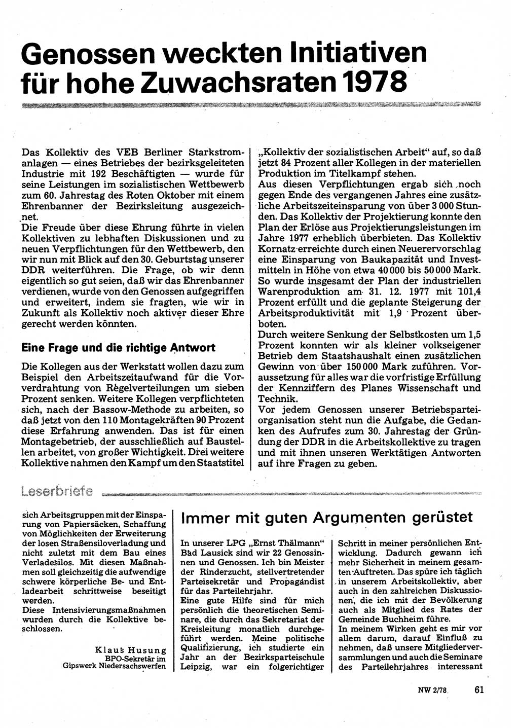 Neuer Weg (NW), Organ des Zentralkomitees (ZK) der SED (Sozialistische Einheitspartei Deutschlands) für Fragen des Parteilebens, 33. Jahrgang [Deutsche Demokratische Republik (DDR)] 1978, Seite 61 (NW ZK SED DDR 1978, S. 61)