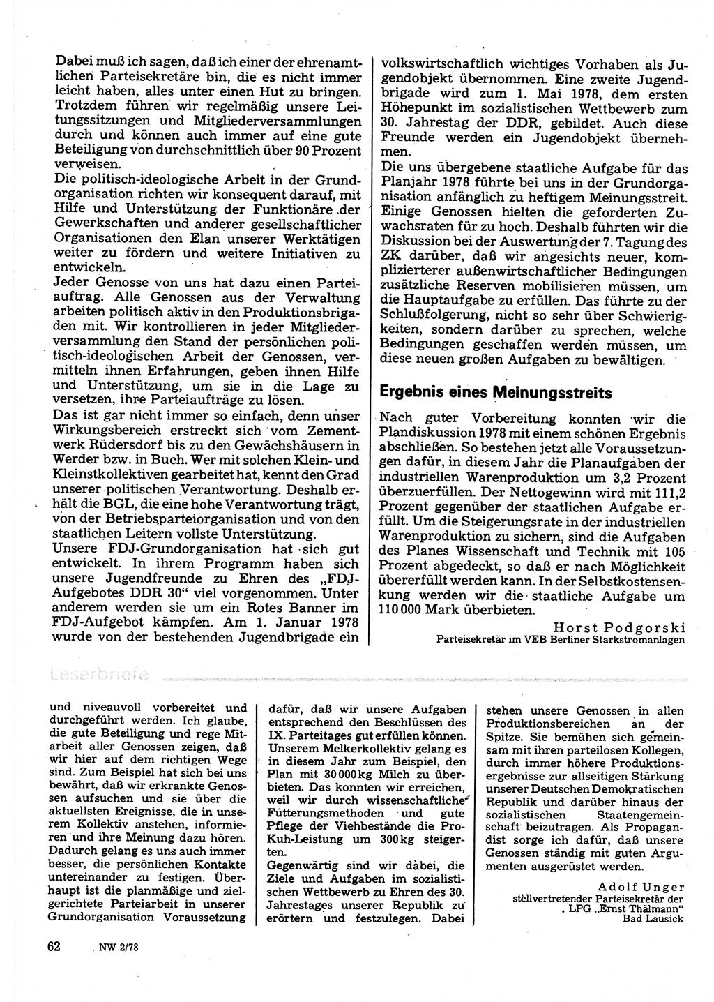Neuer Weg (NW), Organ des Zentralkomitees (ZK) der SED (Sozialistische Einheitspartei Deutschlands) für Fragen des Parteilebens, 33. Jahrgang [Deutsche Demokratische Republik (DDR)] 1978, Seite 62 (NW ZK SED DDR 1978, S. 62)