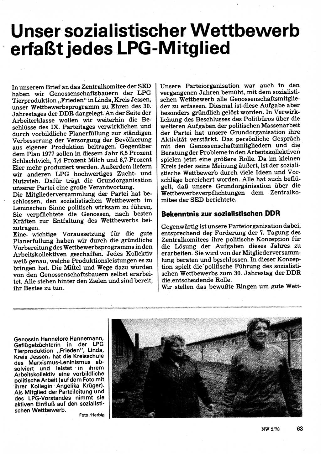 Neuer Weg (NW), Organ des Zentralkomitees (ZK) der SED (Sozialistische Einheitspartei Deutschlands) für Fragen des Parteilebens, 33. Jahrgang [Deutsche Demokratische Republik (DDR)] 1978, Seite 63 (NW ZK SED DDR 1978, S. 63)
