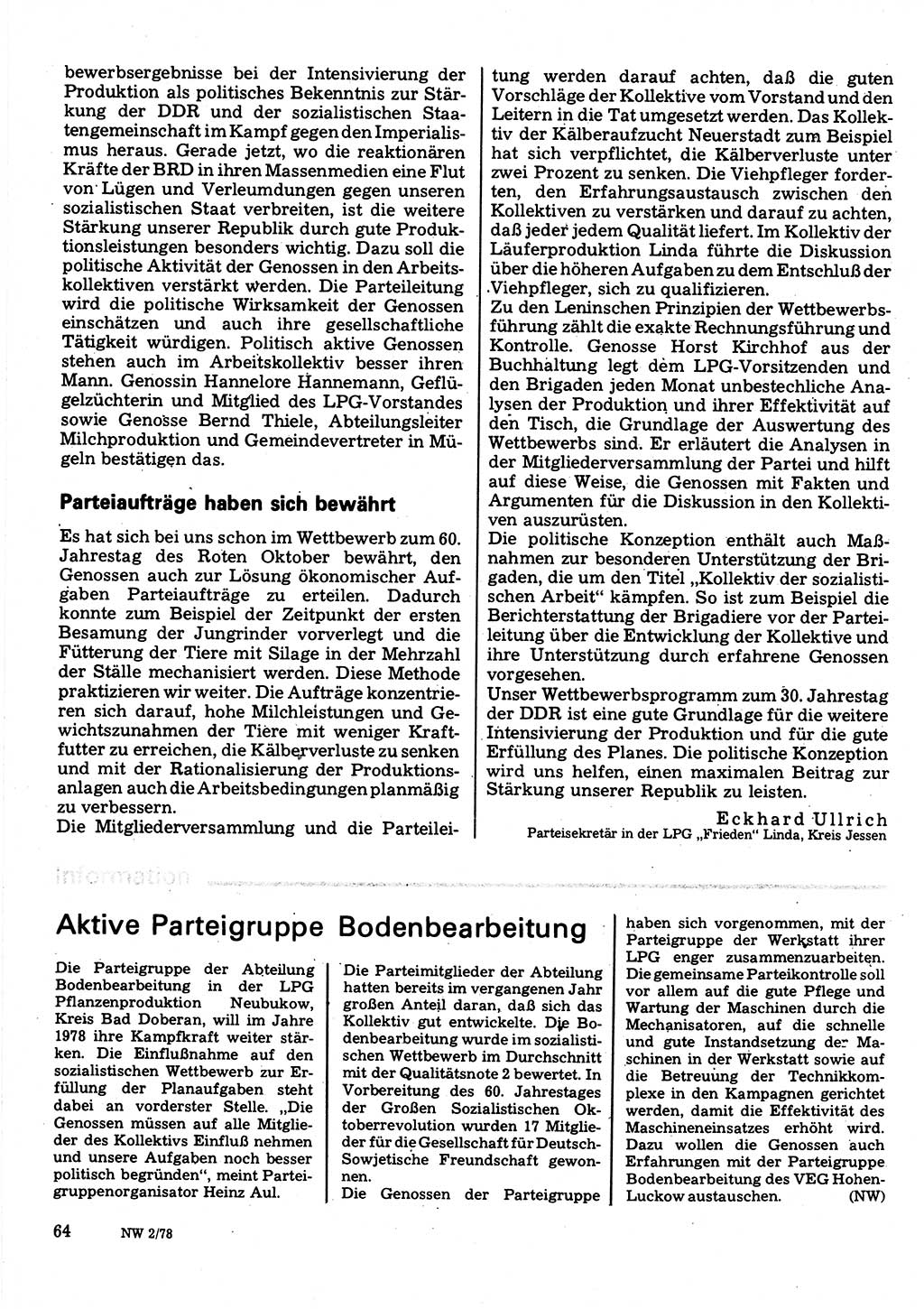 Neuer Weg (NW), Organ des Zentralkomitees (ZK) der SED (Sozialistische Einheitspartei Deutschlands) für Fragen des Parteilebens, 33. Jahrgang [Deutsche Demokratische Republik (DDR)] 1978, Seite 64 (NW ZK SED DDR 1978, S. 64)