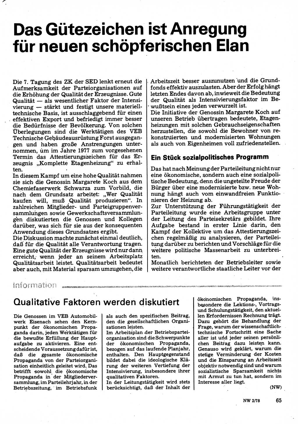 Neuer Weg (NW), Organ des Zentralkomitees (ZK) der SED (Sozialistische Einheitspartei Deutschlands) für Fragen des Parteilebens, 33. Jahrgang [Deutsche Demokratische Republik (DDR)] 1978, Seite 65 (NW ZK SED DDR 1978, S. 65)