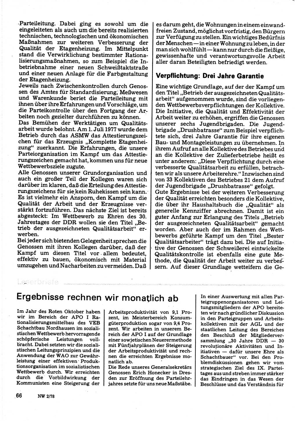 Neuer Weg (NW), Organ des Zentralkomitees (ZK) der SED (Sozialistische Einheitspartei Deutschlands) für Fragen des Parteilebens, 33. Jahrgang [Deutsche Demokratische Republik (DDR)] 1978, Seite 66 (NW ZK SED DDR 1978, S. 66)