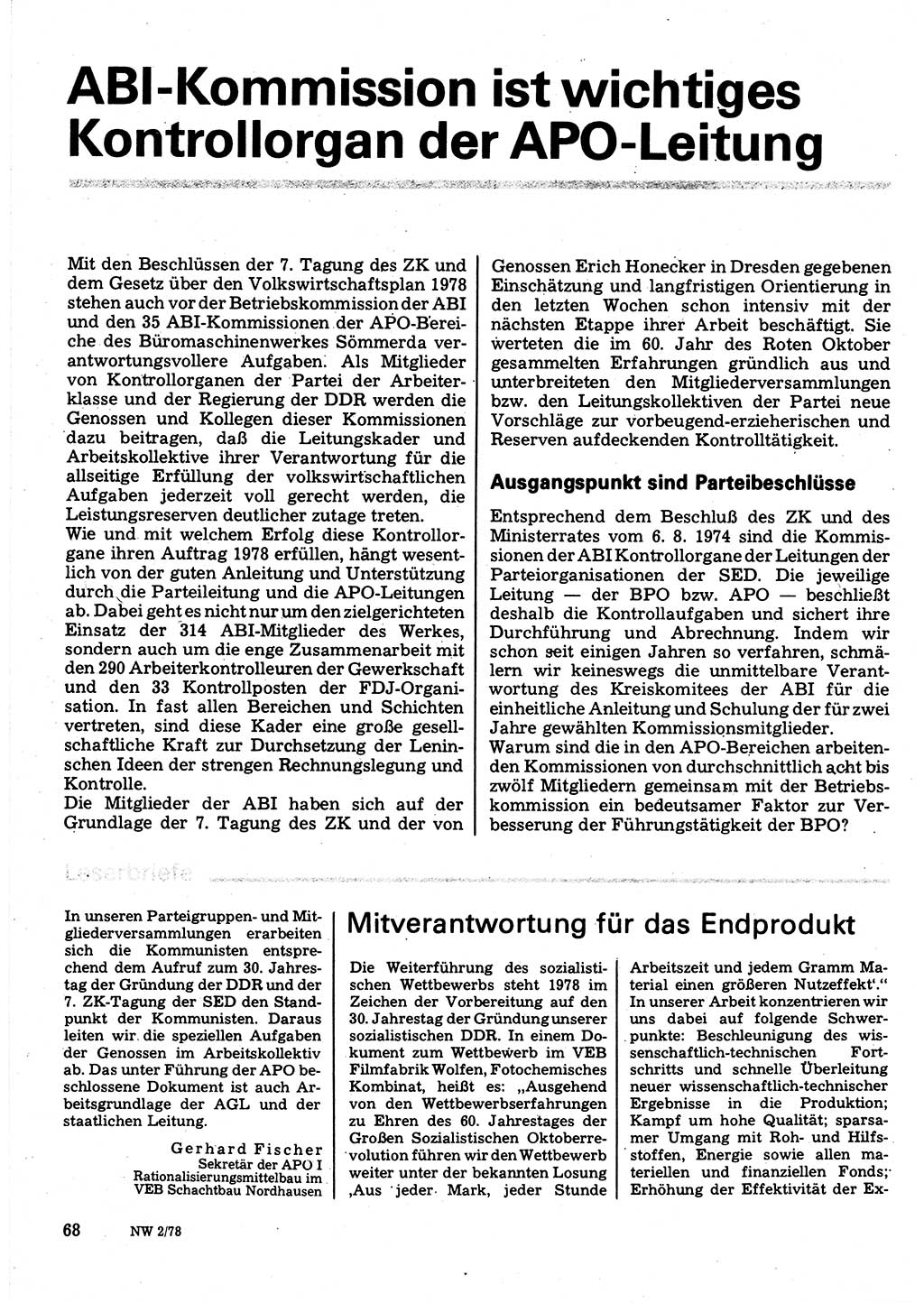 Neuer Weg (NW), Organ des Zentralkomitees (ZK) der SED (Sozialistische Einheitspartei Deutschlands) für Fragen des Parteilebens, 33. Jahrgang [Deutsche Demokratische Republik (DDR)] 1978, Seite 68 (NW ZK SED DDR 1978, S. 68)