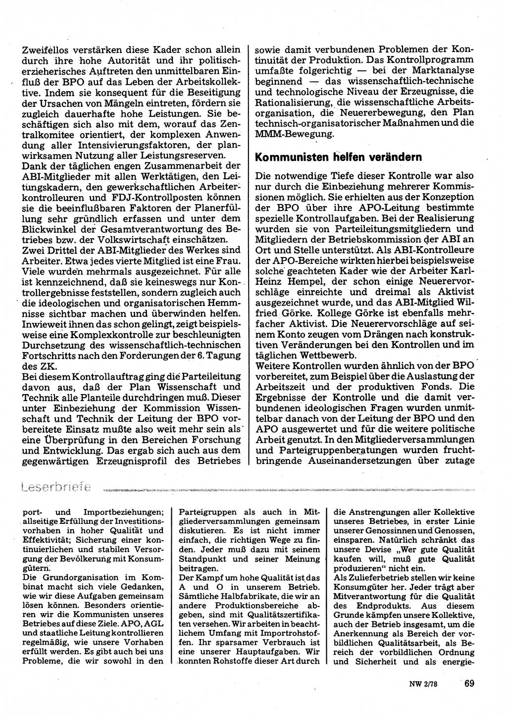 Neuer Weg (NW), Organ des Zentralkomitees (ZK) der SED (Sozialistische Einheitspartei Deutschlands) für Fragen des Parteilebens, 33. Jahrgang [Deutsche Demokratische Republik (DDR)] 1978, Seite 69 (NW ZK SED DDR 1978, S. 69)