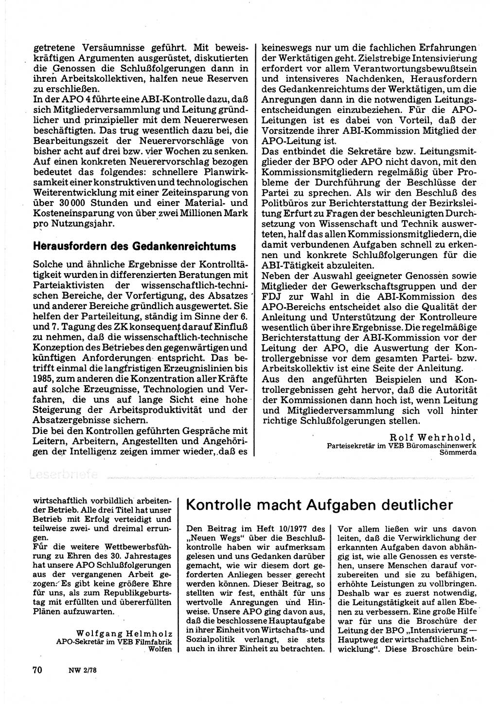 Neuer Weg (NW), Organ des Zentralkomitees (ZK) der SED (Sozialistische Einheitspartei Deutschlands) für Fragen des Parteilebens, 33. Jahrgang [Deutsche Demokratische Republik (DDR)] 1978, Seite 70 (NW ZK SED DDR 1978, S. 70)