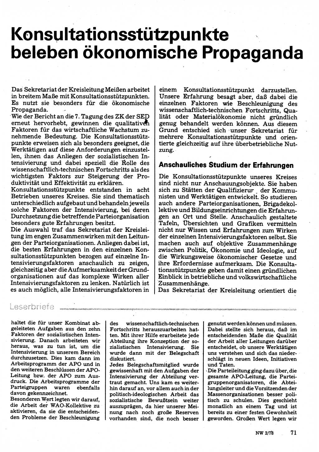 Neuer Weg (NW), Organ des Zentralkomitees (ZK) der SED (Sozialistische Einheitspartei Deutschlands) für Fragen des Parteilebens, 33. Jahrgang [Deutsche Demokratische Republik (DDR)] 1978, Seite 71 (NW ZK SED DDR 1978, S. 71)