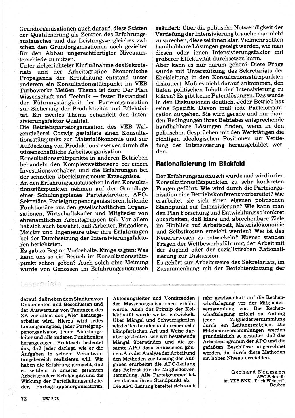 Neuer Weg (NW), Organ des Zentralkomitees (ZK) der SED (Sozialistische Einheitspartei Deutschlands) für Fragen des Parteilebens, 33. Jahrgang [Deutsche Demokratische Republik (DDR)] 1978, Seite 72 (NW ZK SED DDR 1978, S. 72)