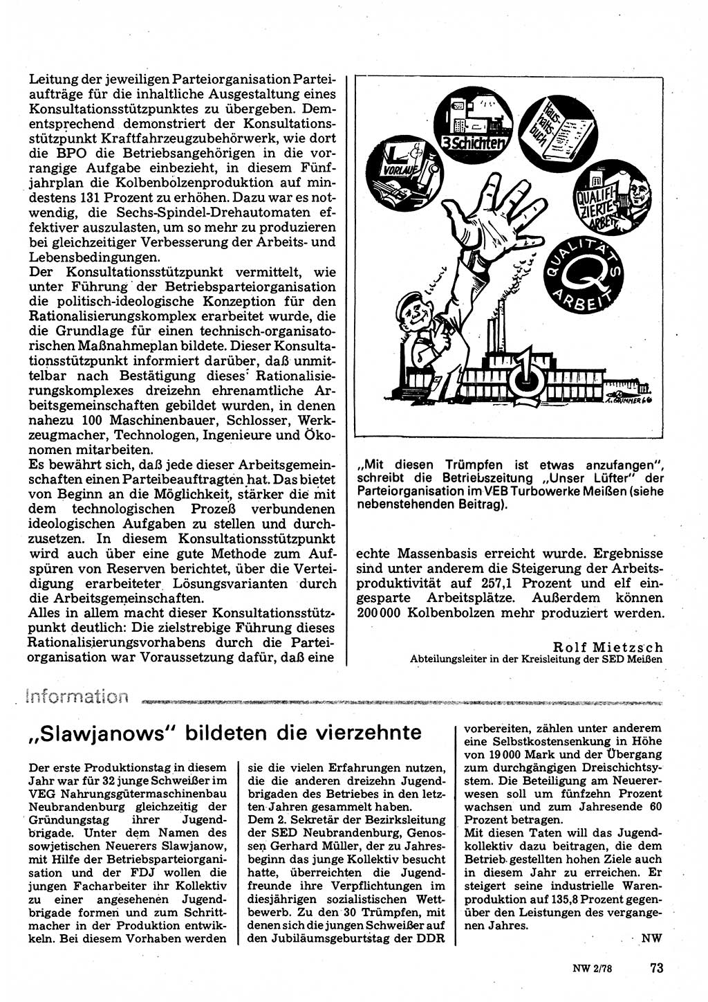 Neuer Weg (NW), Organ des Zentralkomitees (ZK) der SED (Sozialistische Einheitspartei Deutschlands) für Fragen des Parteilebens, 33. Jahrgang [Deutsche Demokratische Republik (DDR)] 1978, Seite 73 (NW ZK SED DDR 1978, S. 73)