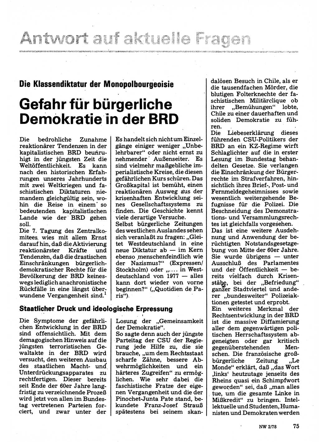 Neuer Weg (NW), Organ des Zentralkomitees (ZK) der SED (Sozialistische Einheitspartei Deutschlands) für Fragen des Parteilebens, 33. Jahrgang [Deutsche Demokratische Republik (DDR)] 1978, Seite 75 (NW ZK SED DDR 1978, S. 75)