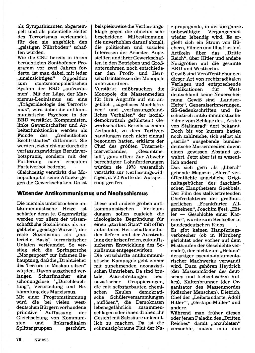 Neuer Weg (NW), Organ des Zentralkomitees (ZK) der SED (Sozialistische Einheitspartei Deutschlands) für Fragen des Parteilebens, 33. Jahrgang [Deutsche Demokratische Republik (DDR)] 1978, Seite 76 (NW ZK SED DDR 1978, S. 76)