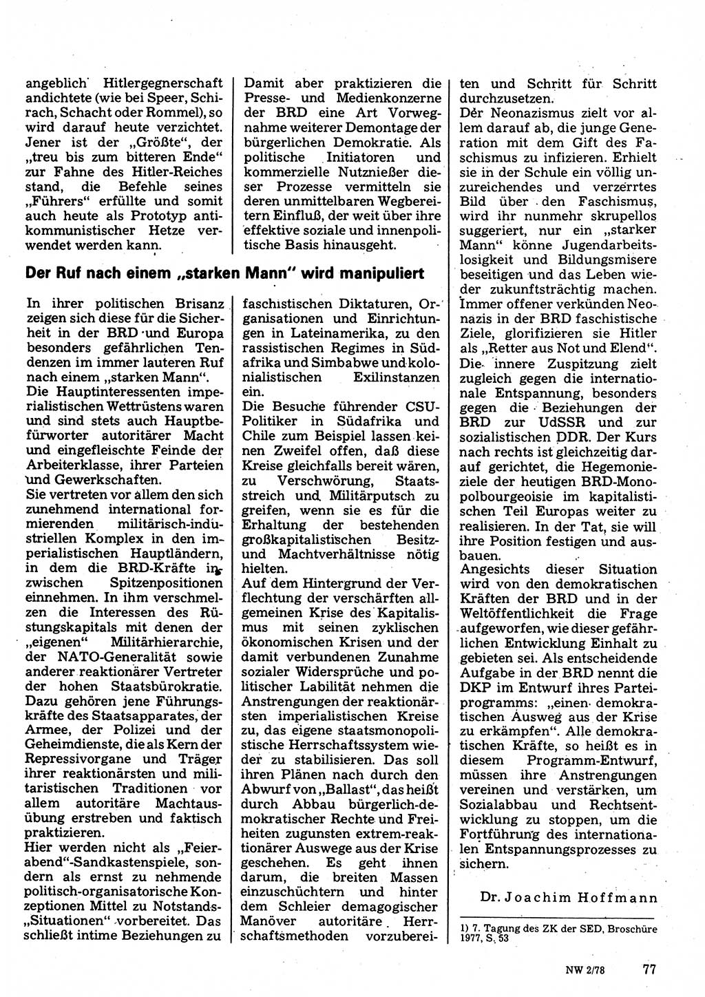 Neuer Weg (NW), Organ des Zentralkomitees (ZK) der SED (Sozialistische Einheitspartei Deutschlands) für Fragen des Parteilebens, 33. Jahrgang [Deutsche Demokratische Republik (DDR)] 1978, Seite 77 (NW ZK SED DDR 1978, S. 77)