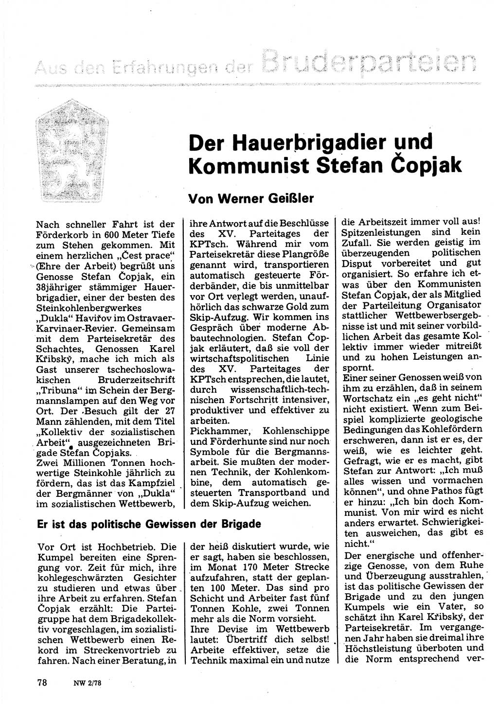 Neuer Weg (NW), Organ des Zentralkomitees (ZK) der SED (Sozialistische Einheitspartei Deutschlands) für Fragen des Parteilebens, 33. Jahrgang [Deutsche Demokratische Republik (DDR)] 1978, Seite 78 (NW ZK SED DDR 1978, S. 78)